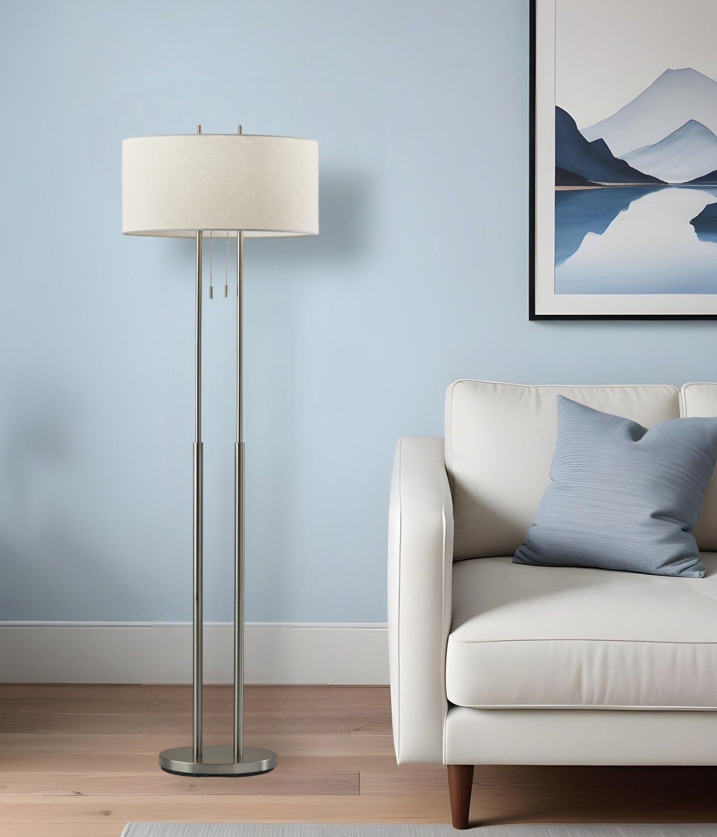 Dual Pole Floor Lamp in Brushed Steel Metal