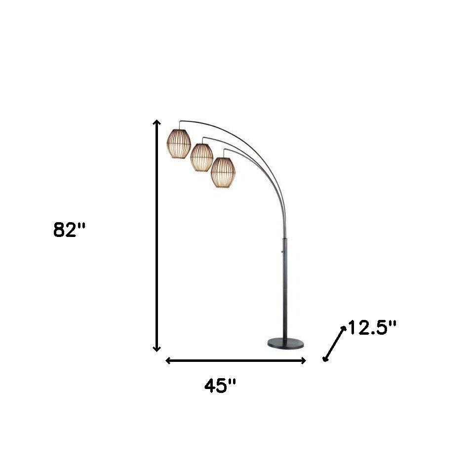 82" Black Three Light Tree Floor Lamp With Off White Solid Color Cage Shade