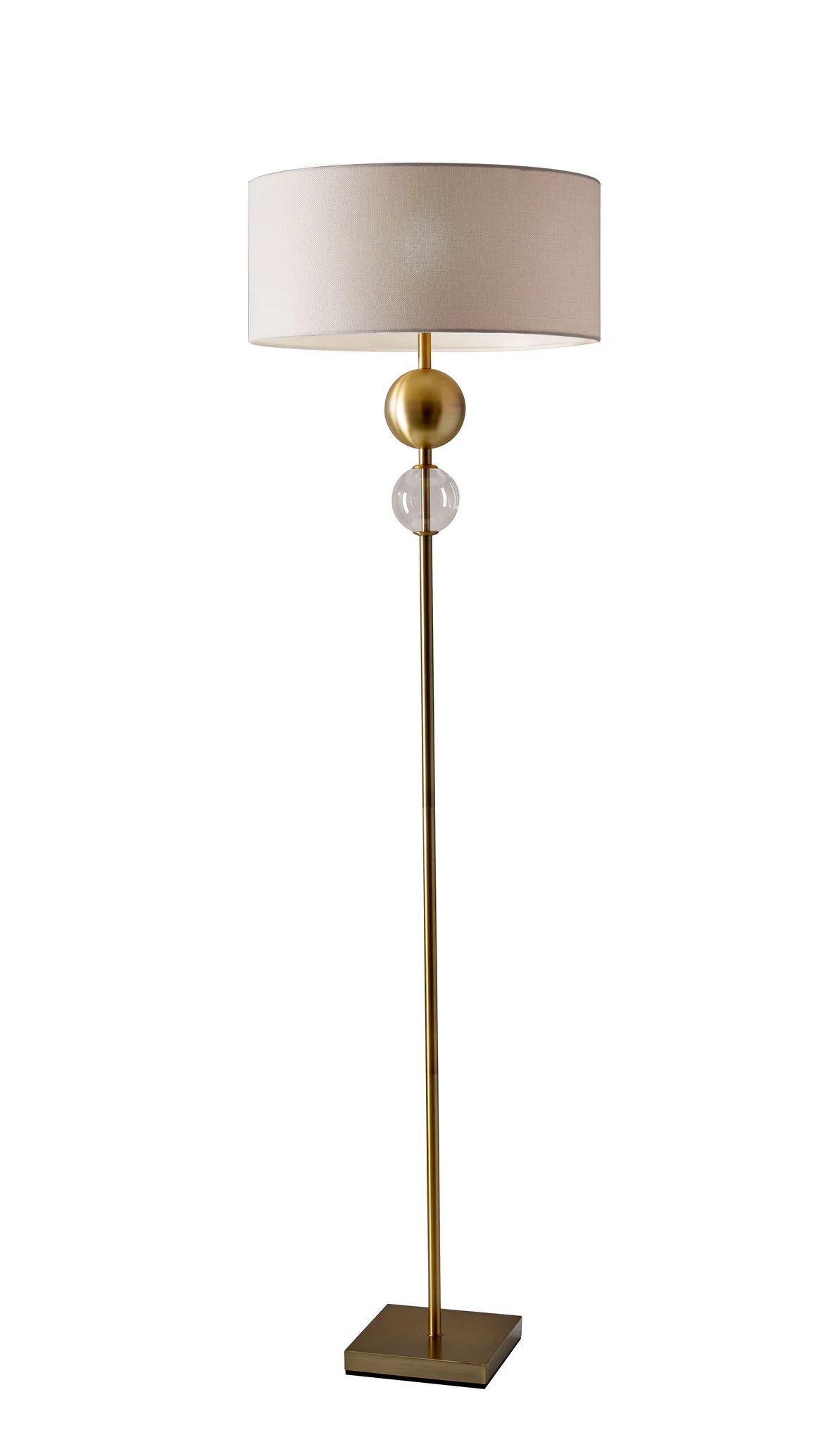 69" Brass Steel and Glass Floor Lamp With Off White Fabric Drum Shade