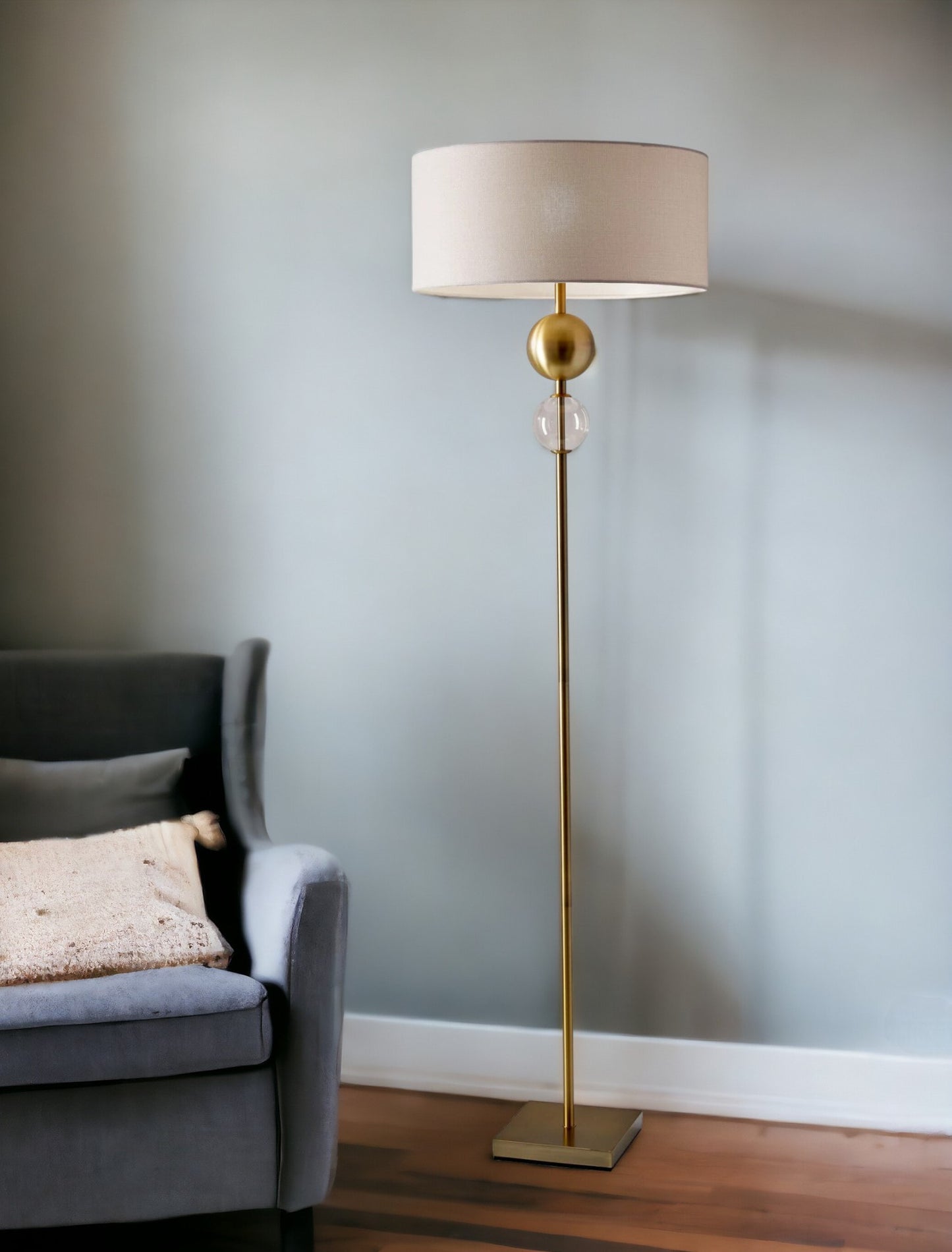69" Brass Steel and Glass Floor Lamp With Off White Fabric Drum Shade