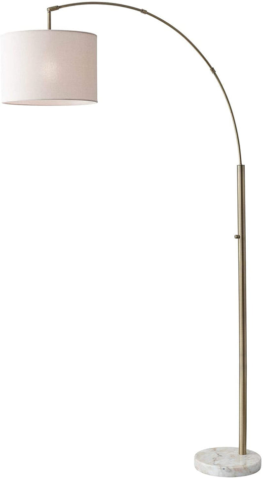 Reading Nook Floor Lamp Brushed Steel Arc Arm Adjustable Grey Fabric Shade