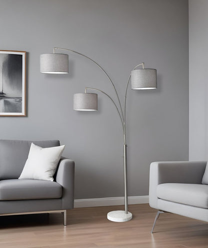 74" Silver Three Light Adjustable Tree Floor Lamp With Gray Linen Drum Shade