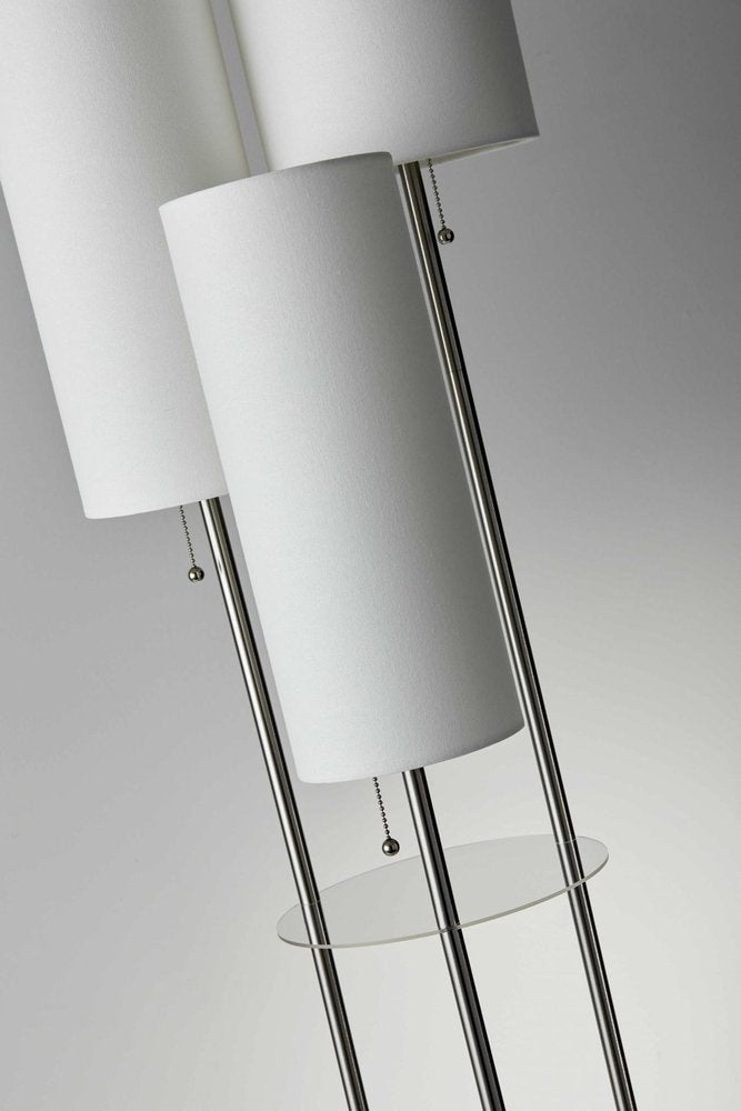 68" Silver Three Light Novelty Floor Lamp With White Linen Cylinder Shade