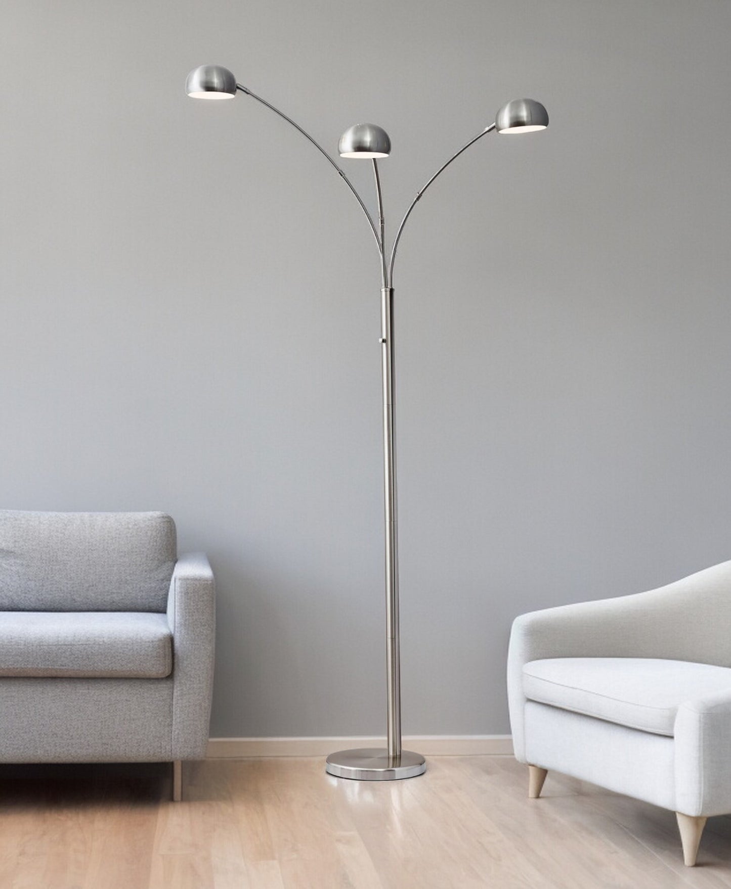 84" Steel Three Light Tree Floor Lamp With Silver Metal Bell Shades