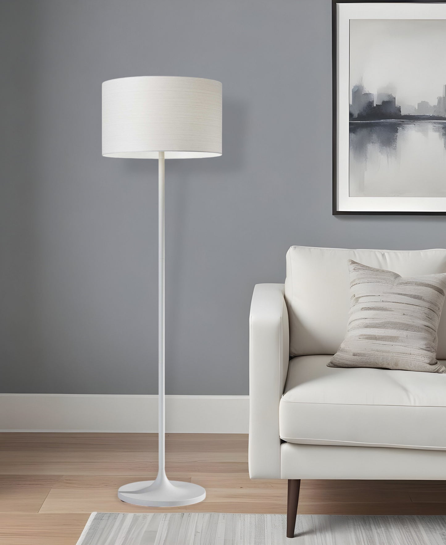 60" White Metal Floor Lamp With White Drum Shade