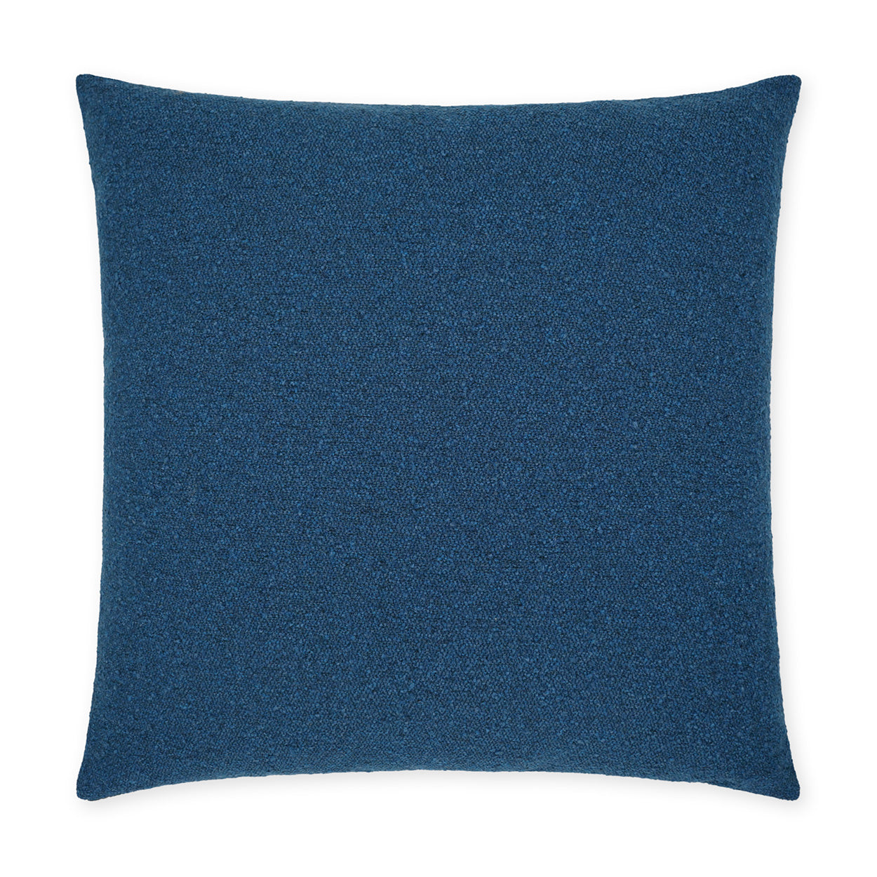 Deep blue square throw pillow in textured boucle fabric for modern home decor.
