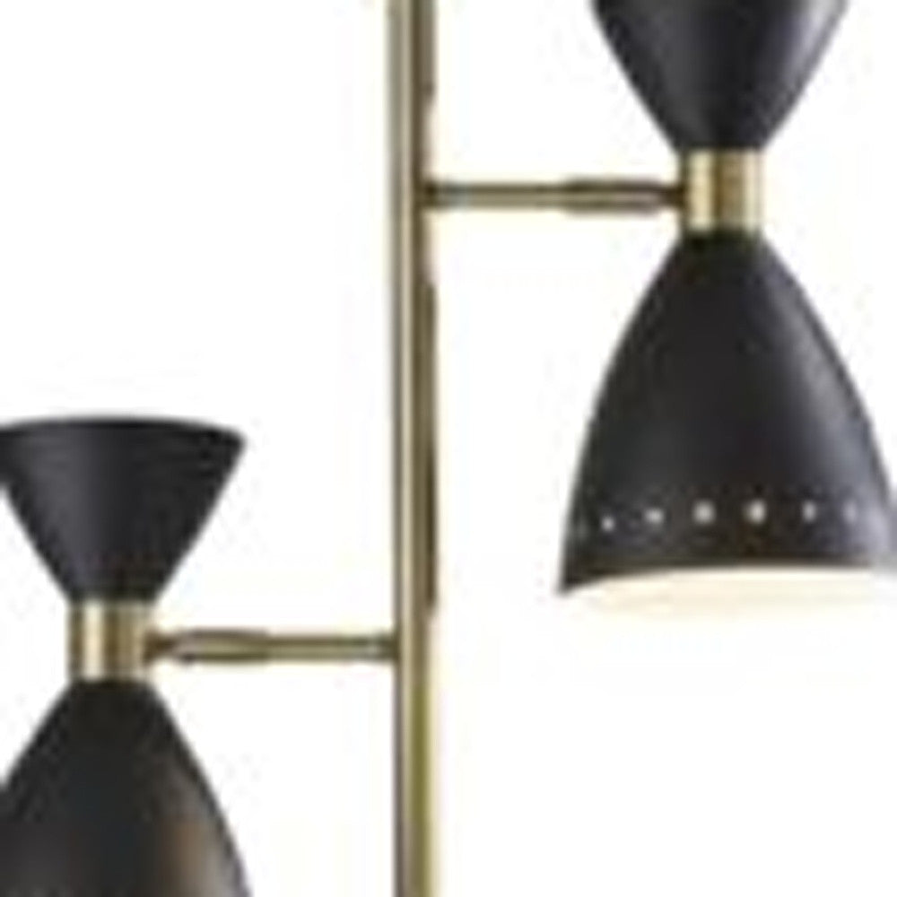 Two Light Brass Cinch Floor Lamp in Black Metal