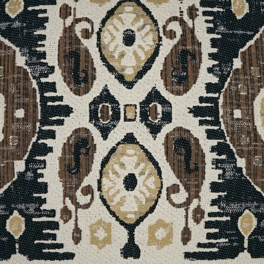 Beige woven textile with brown, black and gold oriental medallions; ornate tapestry rug-like fabric for decor or upholstery.