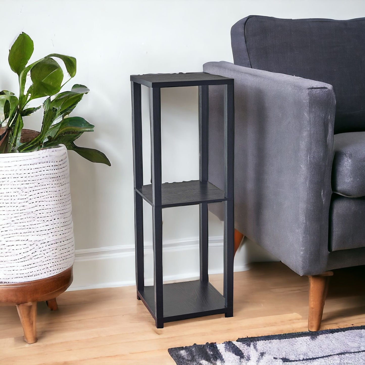 35" Black Solid Wood Square End Table With Two Shelves