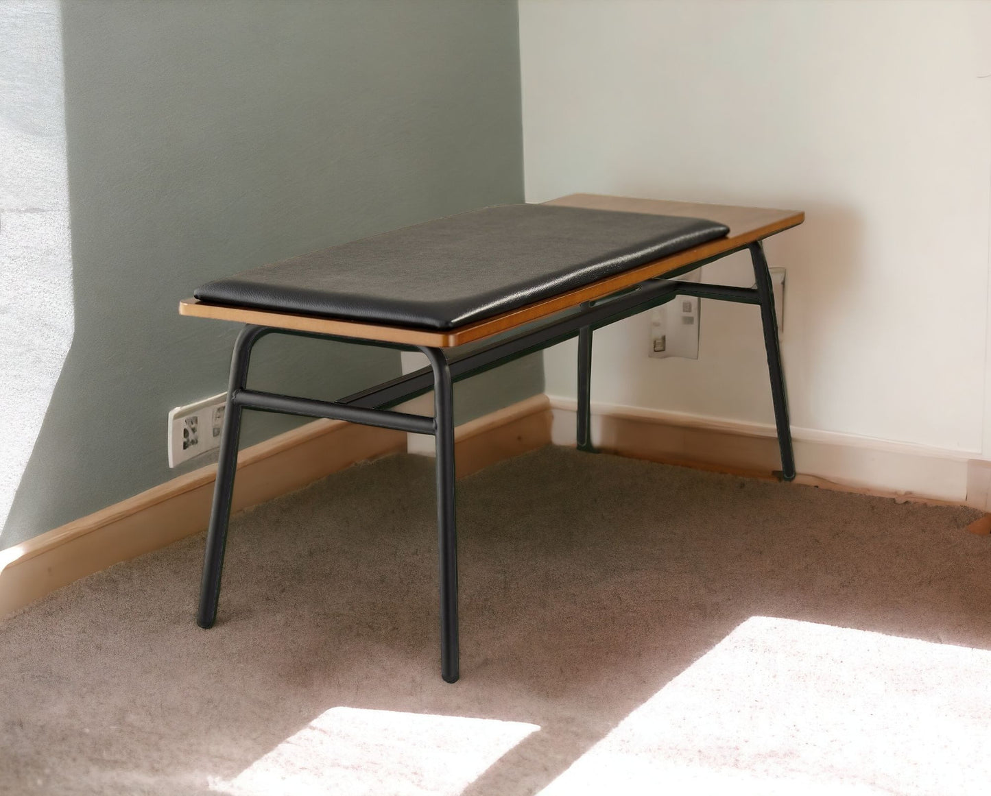 39" Brown and Black and Black Upholstered Faux Leather Bench