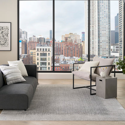 Modern living room with large windows overlooking city skyline; dark gray sofa, light rug, metal-framed chair, concrete side table, plant.