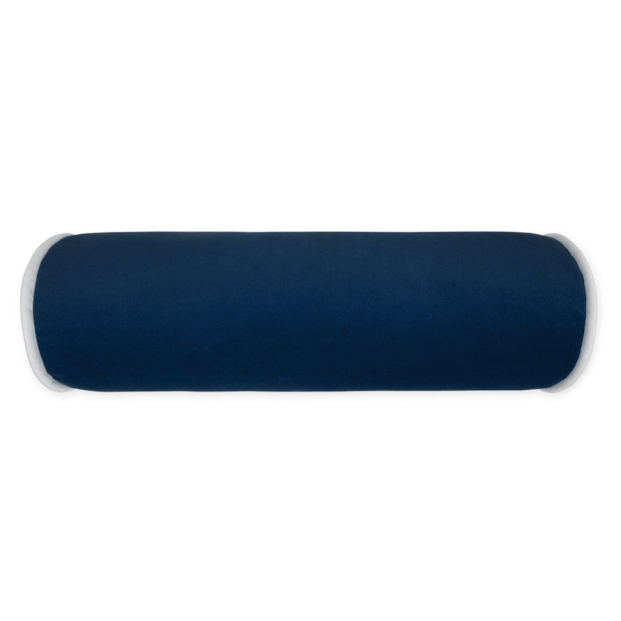 Navy blue velvet roll pillow with white end caps, cylindrical neck/lumbar support cushion.