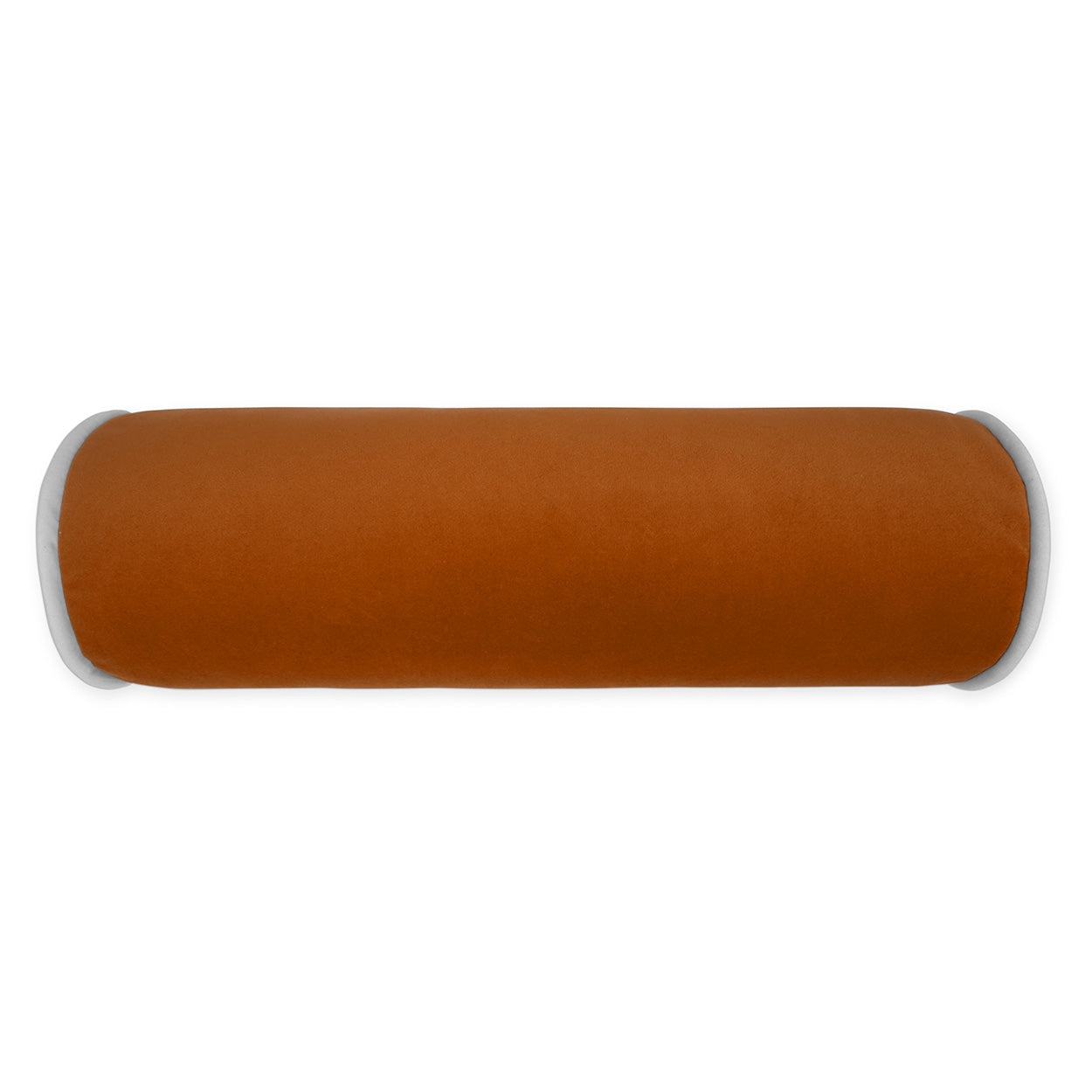 Cylindrical brown suede-like roll pillow with light gray end caps, ideal for neck or back support.
