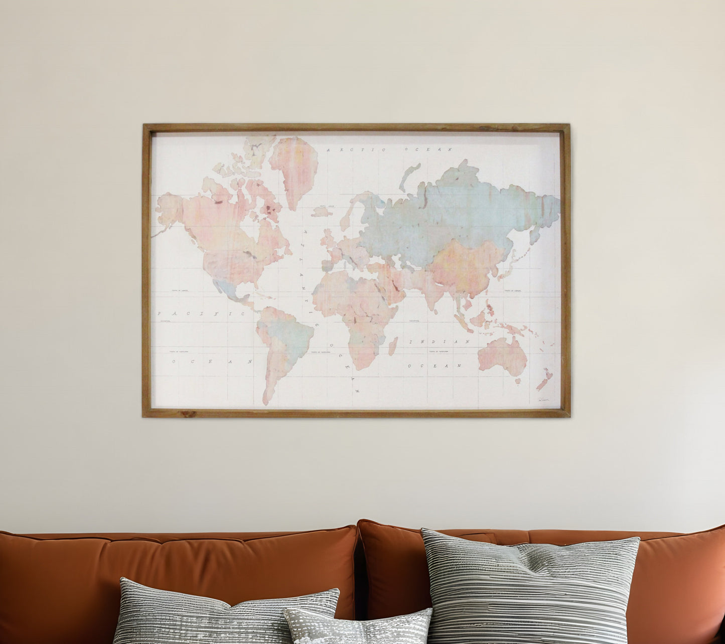 30" X 44" Watercolor World Map Wood Framed Wall Art