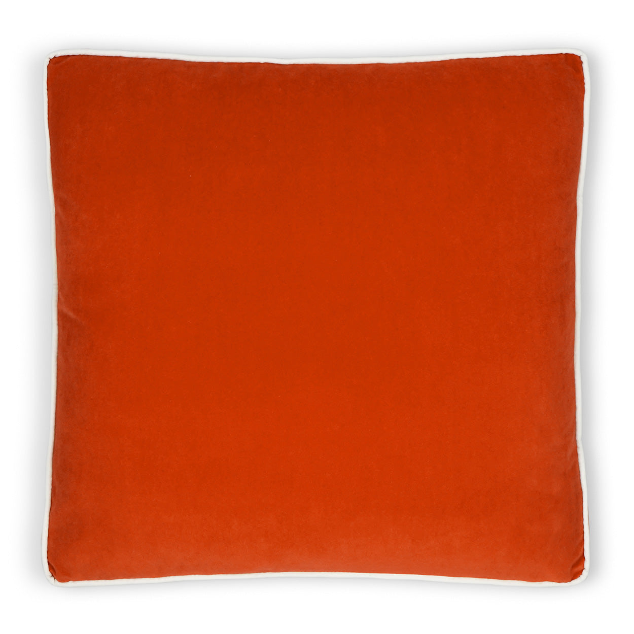 Square orange velvet cushion with white piping trim.