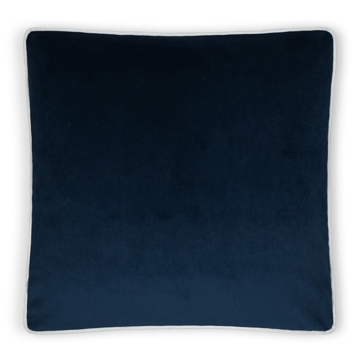Square navy blue velvet pillow with light gray piping along edges, plush decorative throw cushion.