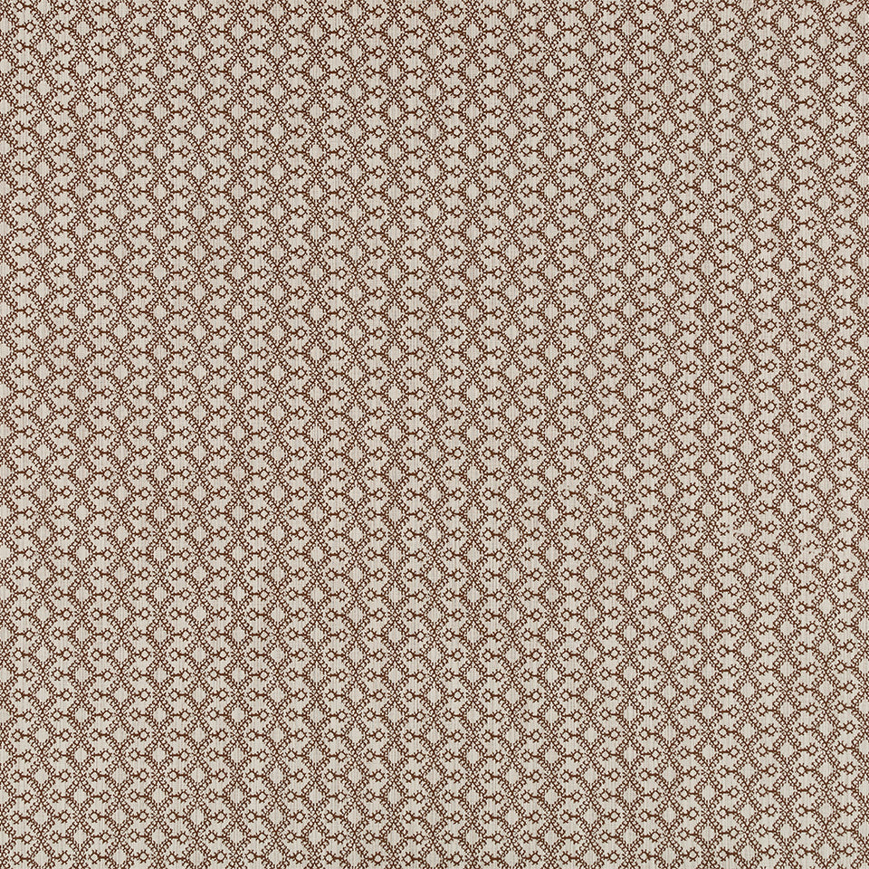 Brown and beige woven fabric with a repeating diamond lattice pattern; rustic geometric textile for upholstery or drapery.