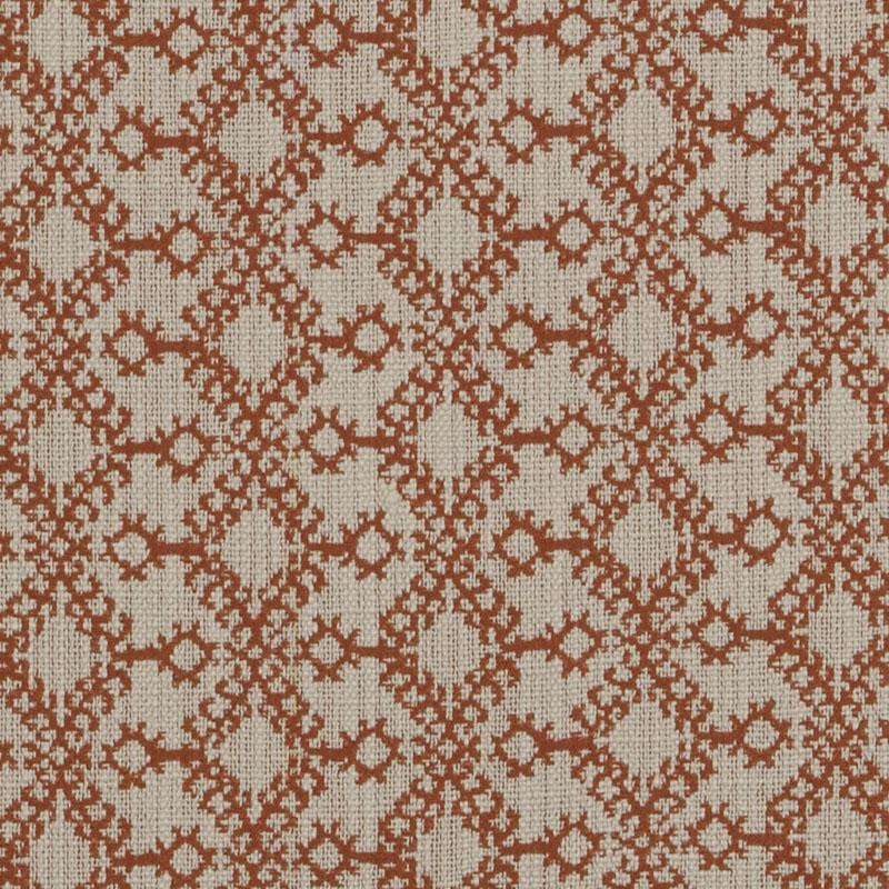 Cinnamon-colored woven upholstery fabric with rust-orange geometric lattice and star motifs; warm textile texture.