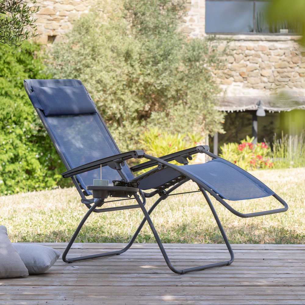 27" Blue Metal Outdoor Zero Gravity Chair with Blue Cushion