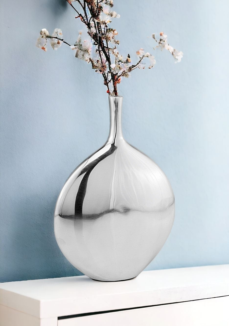 12" Silver Aluminum Long Neck Round Disc Table Vase