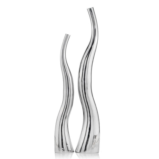 Set of Two Aluminum Silver Wavy Floor Vases