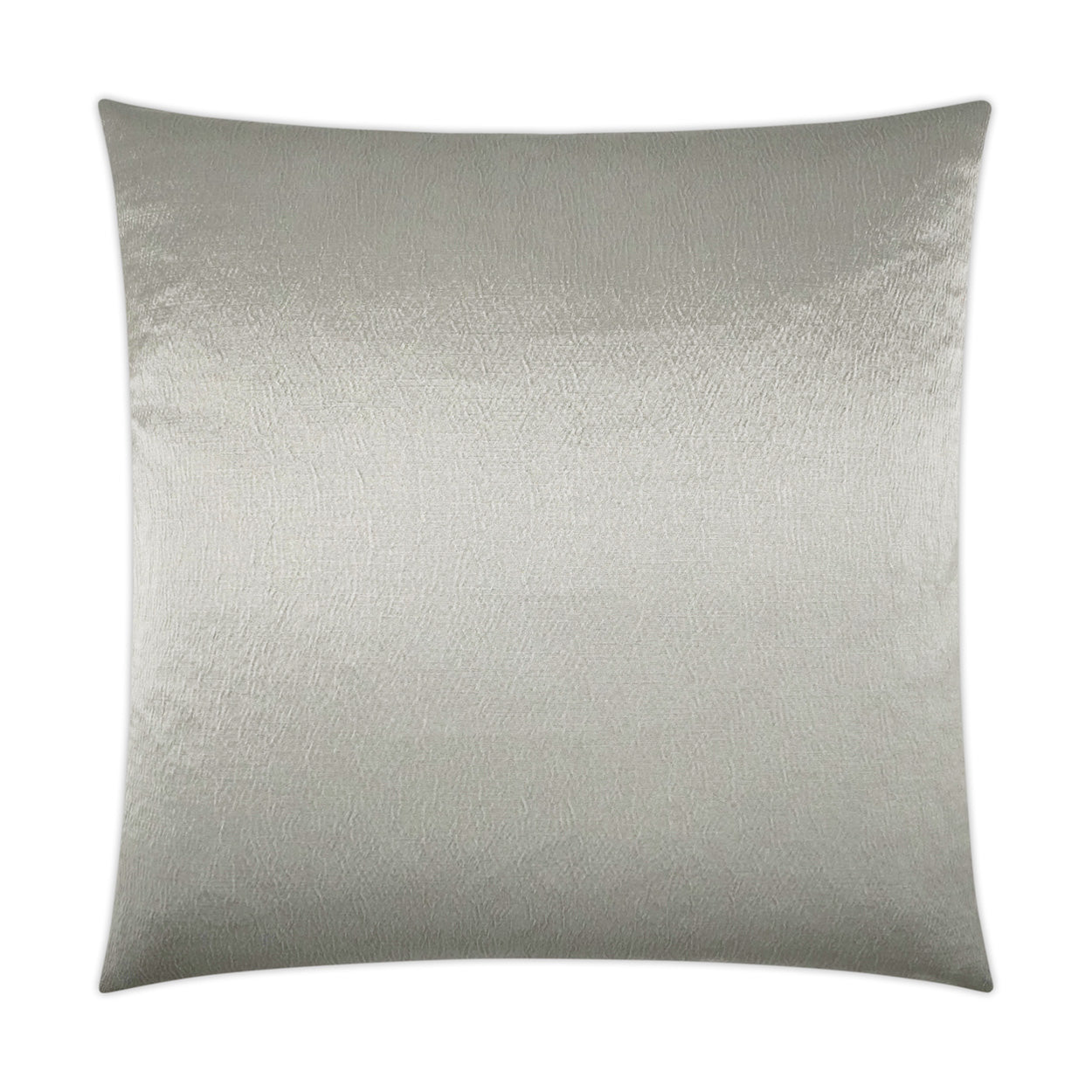 Square decorative throw pillow in metallic silver with textured soft-sheen fabric.