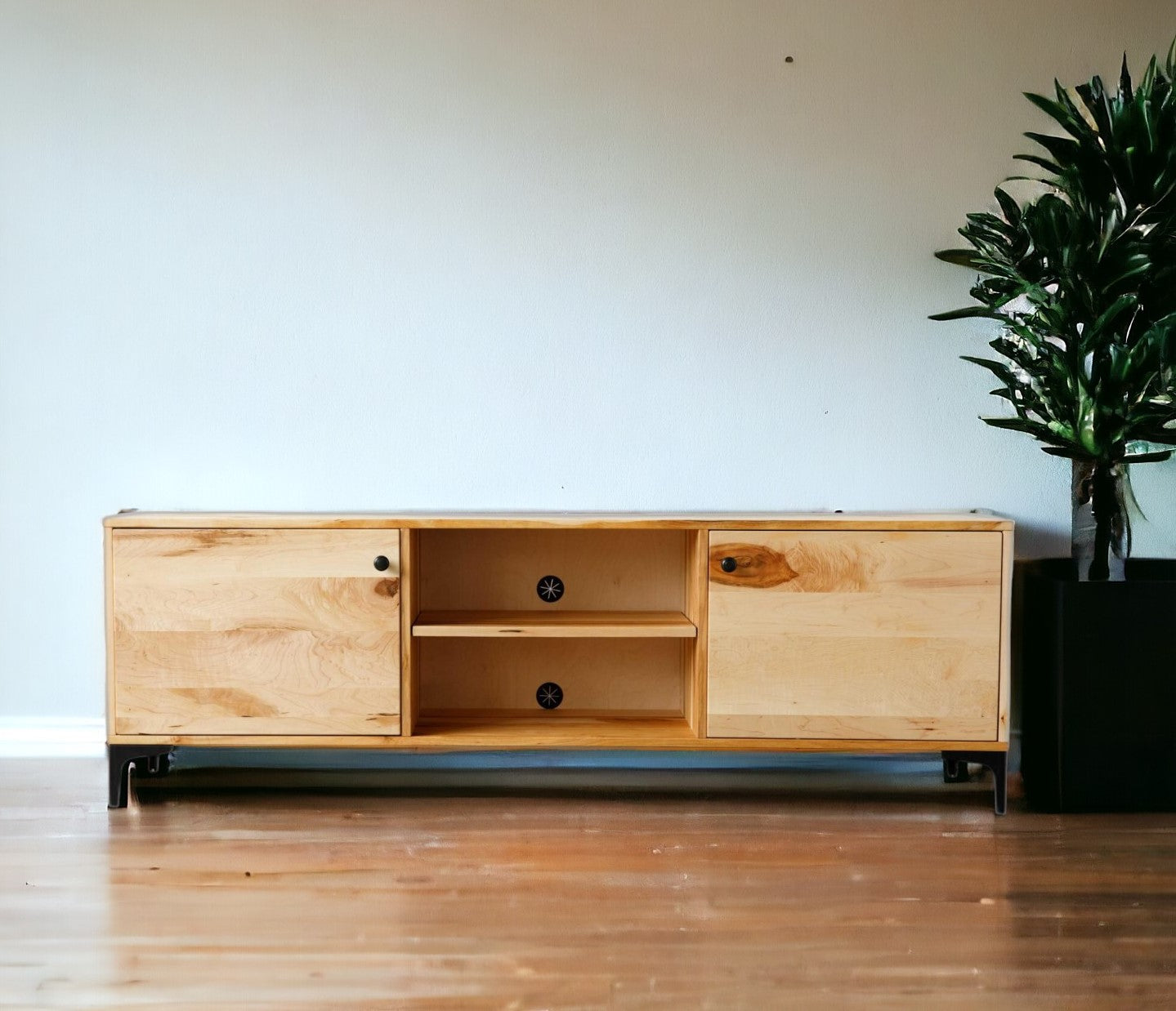 Natural Maple And Black Steel TV Stand Or Media Center