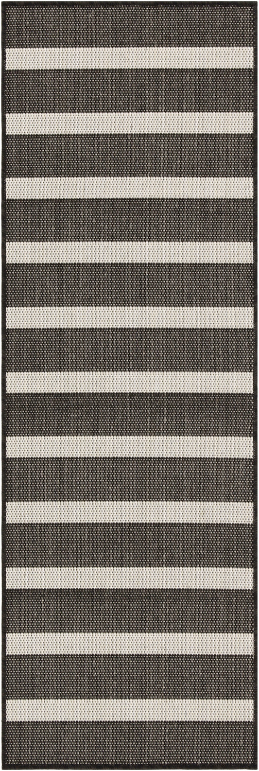 Long rectangular striped woven rug in brown and cream, contemporary runner for hallway or living room.