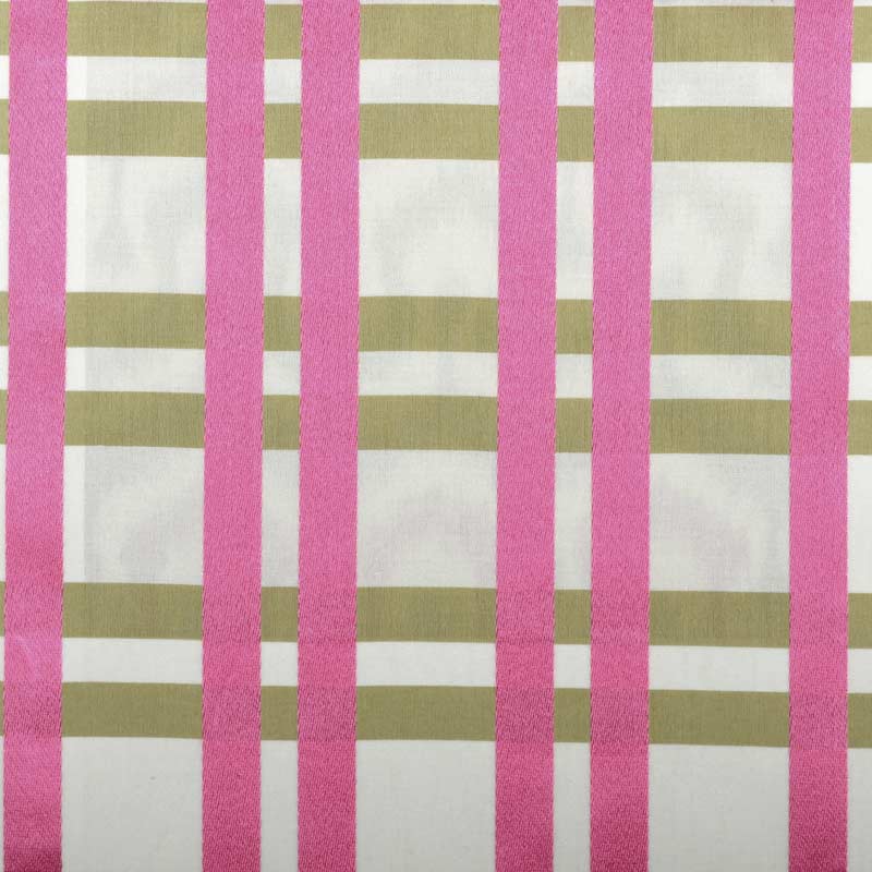 Bold pink vertical stripes with olive horizontal stripes on white fabric.