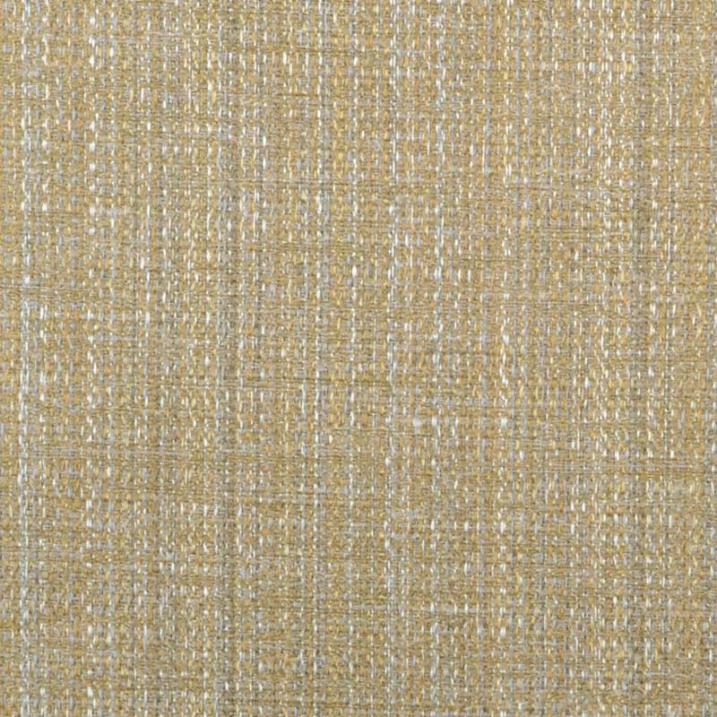 Golden beige woven tweed fabric with metallic threads and subtle grid texture for upholstery or drapery.