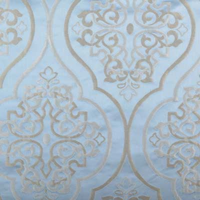 Light blue wallpaper with gold damask scrollwork & floral medallions, repeating pattern