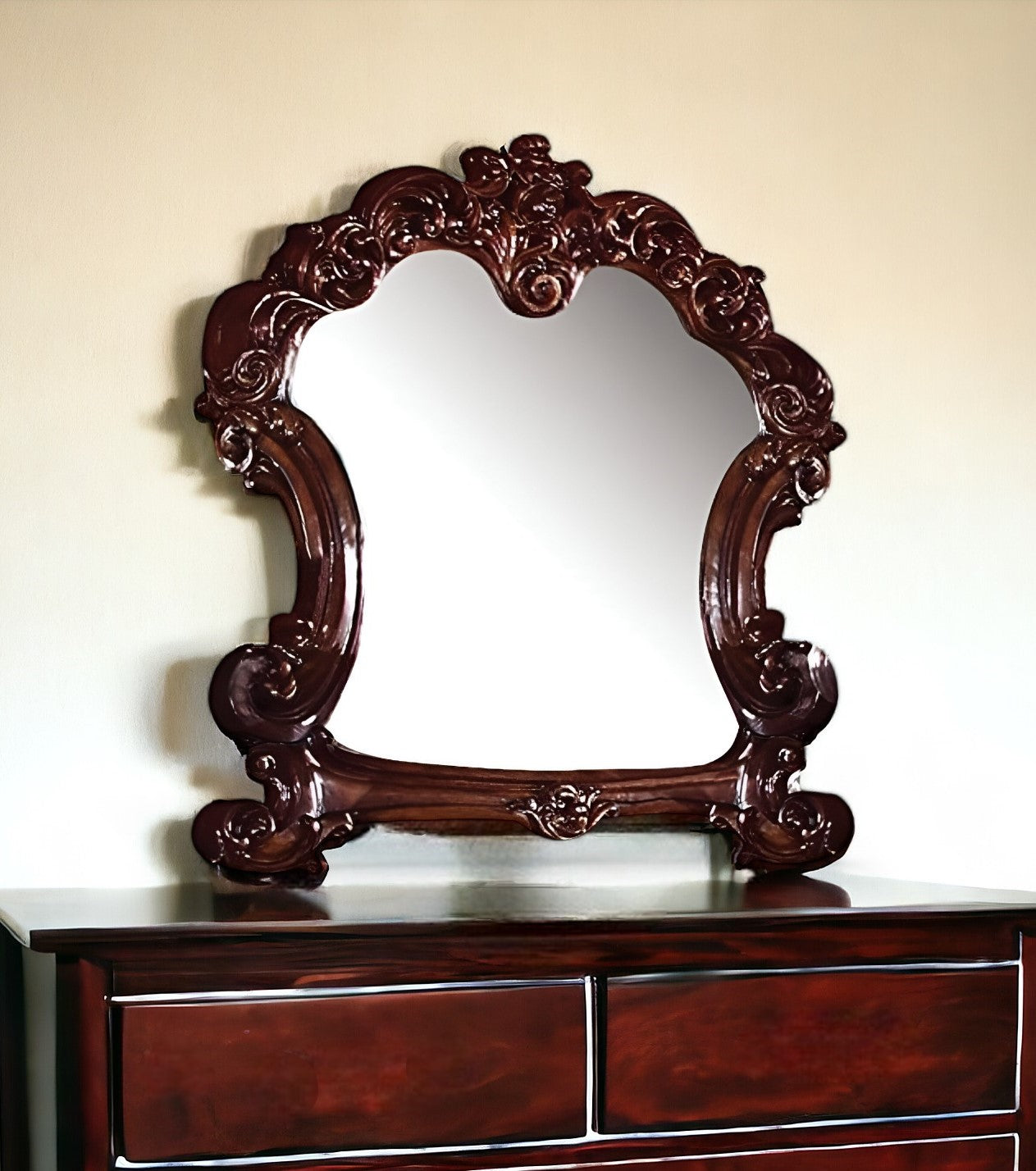 45" Brown Crowned Top Solid Wood Framed Dresser Mirror