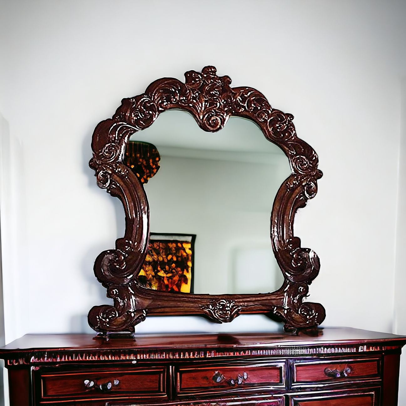 45" Brown Crowned Top Solid Wood Framed Dresser Mirror