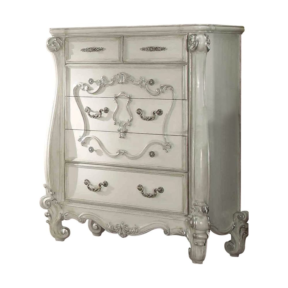 47" White Carved Scrollwork Solid Wood Five Drawer Dresser