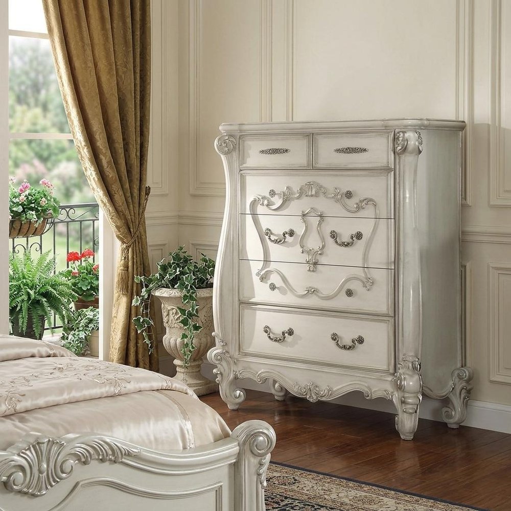 47" White Solid Wood Five Drawer Dresser