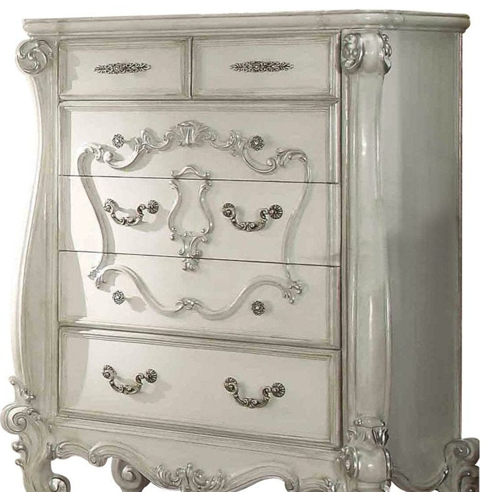 47" White Carved Scrollwork Solid Wood Five Drawer Dresser
