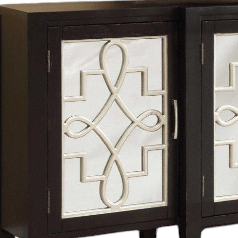 72" Black and Silver Mirrored Solid Wood and Glass Distressed Solid Console Table