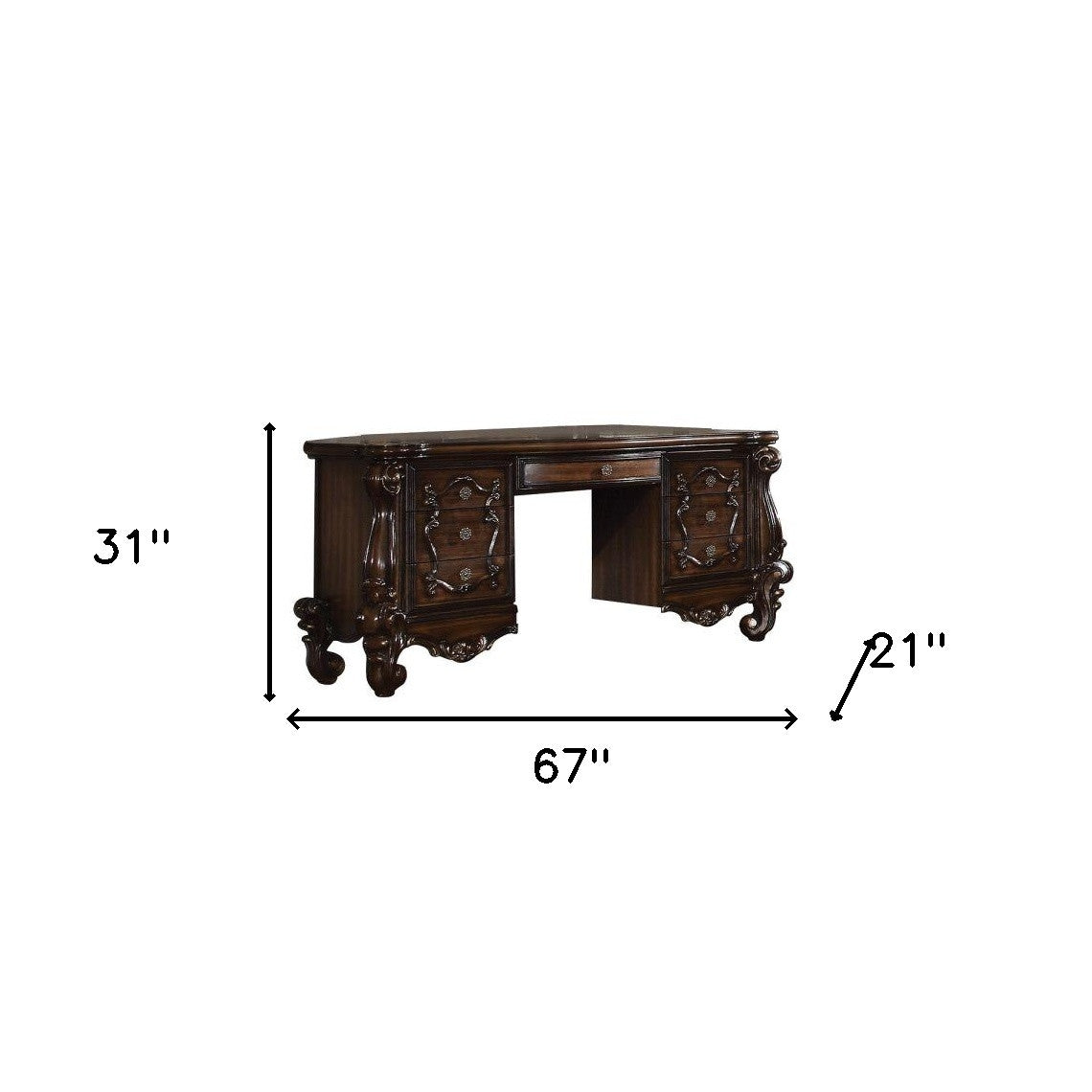 63" Brown Peninsula Vanity Desk With 7 Drawers