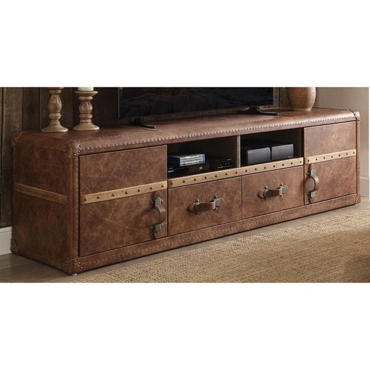 80" Brown Leather Cabinet Enclosed Storage TV Stand