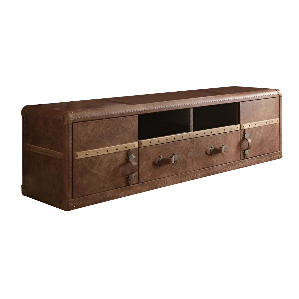 80" Brown Leather Cabinet Enclosed Storage TV Stand