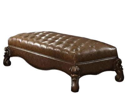 65" Brown Tufted Faux Leather Polyresin And Solid Wood Upholstered Bench