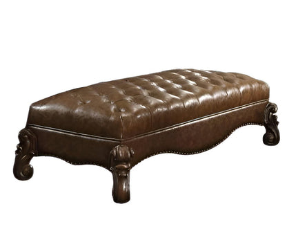 65" Brown Tufted Faux Leather Polyresin And Solid Wood Upholstered Bench