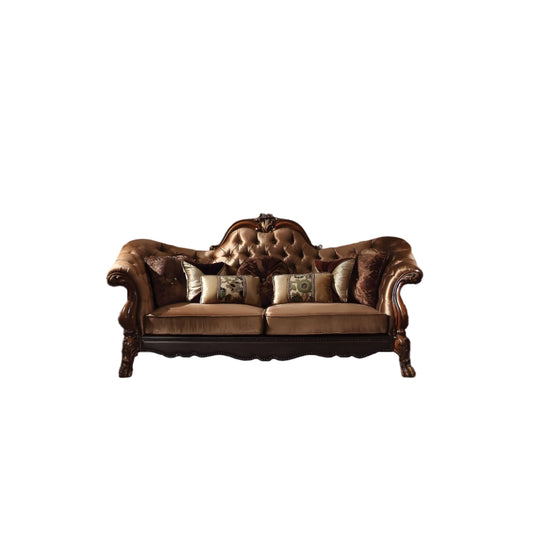 95" Golden Brown Velvet Curved Sofa And Toss Pillows With Brown Legs