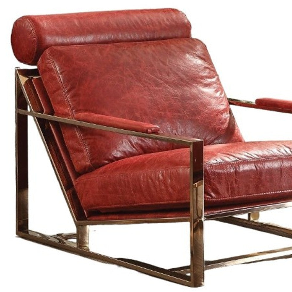29" Red And Gold Top Grain Leather Lounge Chair With Ottoman