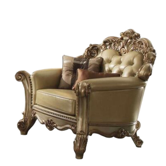 48" Bone And Gold Faux Leather Tufted Chair and a Half And Toss Pillows