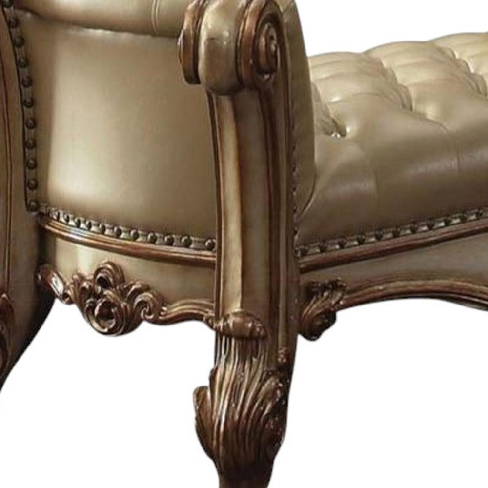 74" Bone And Gold Tufted Faux Leather Solid Wood And Polyresin Upholstered Bench