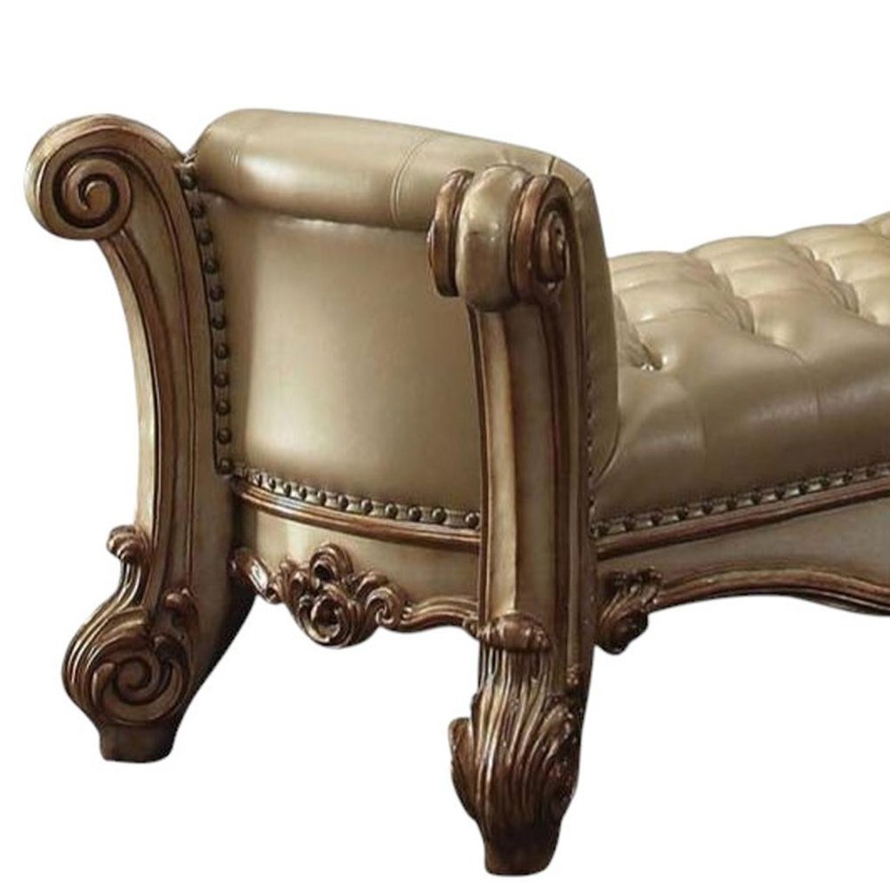 74" Bone And Gold Tufted Faux Leather Solid Wood And Polyresin Upholstered Bench