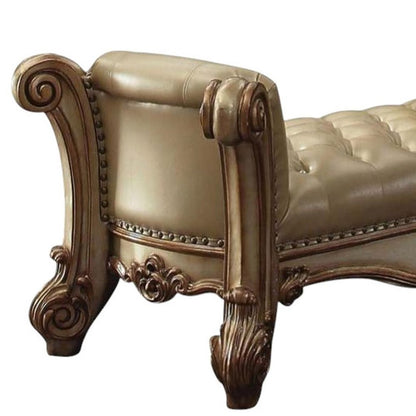 74" Bone And Gold Tufted Faux Leather Solid Wood And Polyresin Upholstered Bench