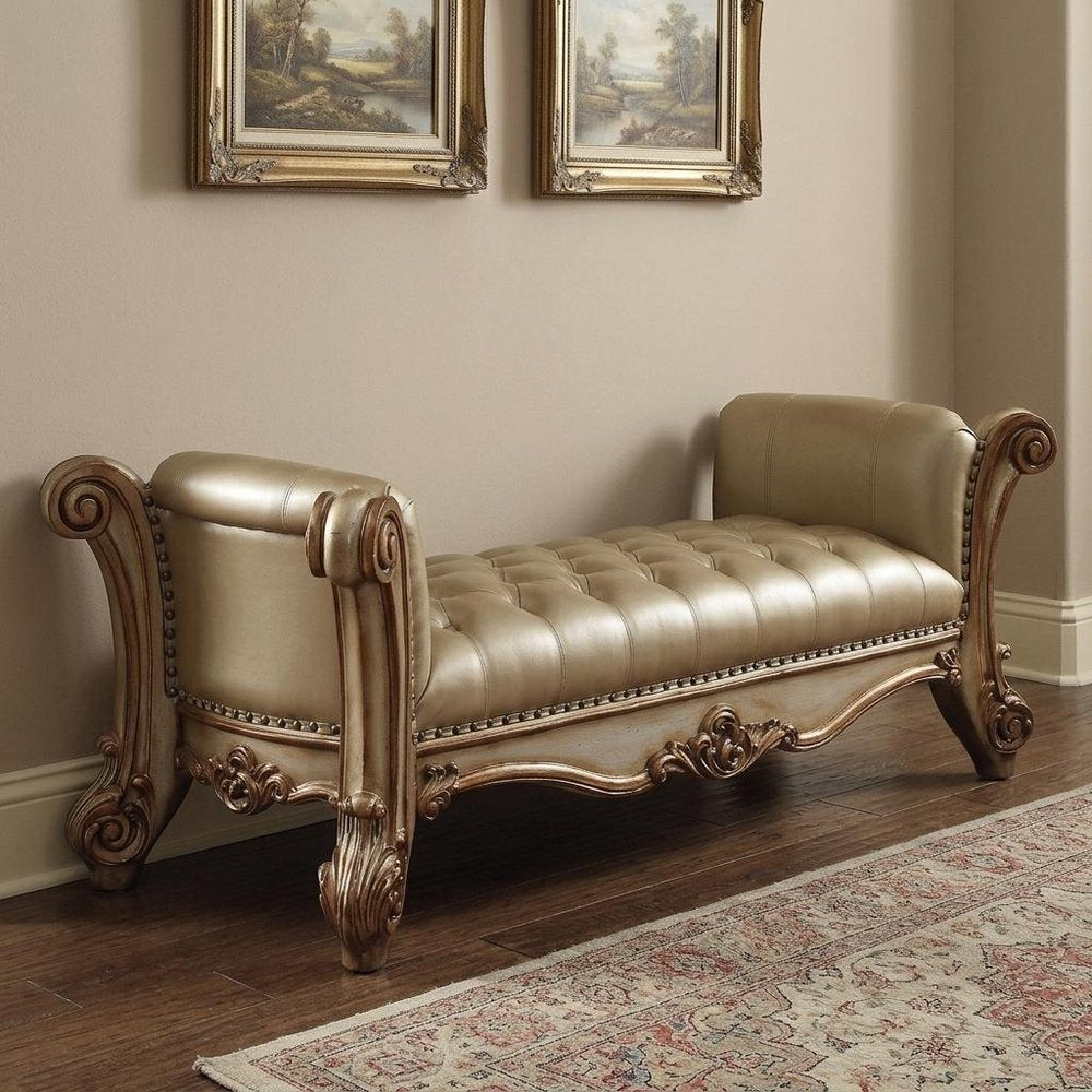 74" Bone And Gold Tufted Faux Leather Solid Wood And Polyresin Upholstered Bench