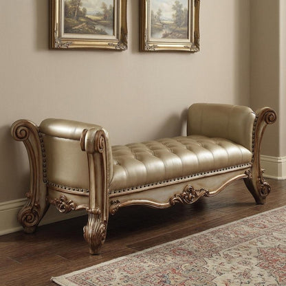 74" Bone And Gold Tufted Faux Leather Solid Wood And Polyresin Upholstered Bench